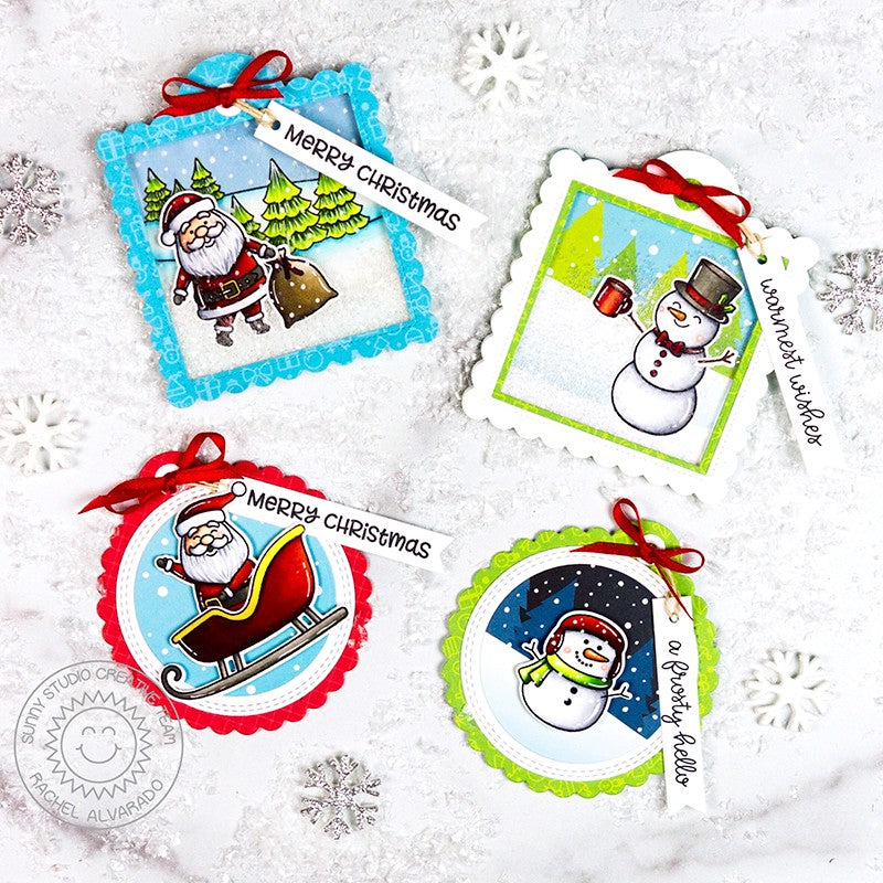 Sunny Studio Stamps Santa Claus & Snowman Stitched Holiday Gift Tags (using Scalloped Circle Tag Dies)