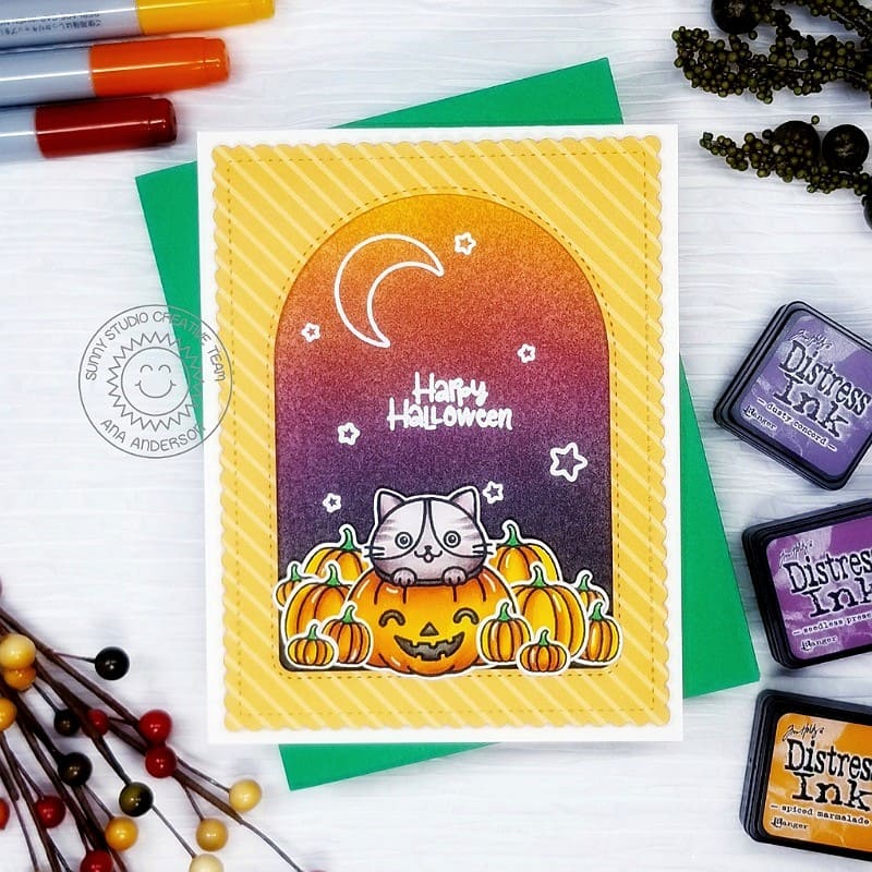 Sunny Studio Kitty in Jack-o-lantern Pumpkin with Moon & Stars Handmade Halloween Card (using Scaredy Cat 2x3 Clear Stamps)