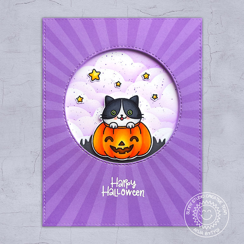 Sunny Studio Stamps Purple Sun Ray Happy Halloween Kitty Cat in Pumpkin Stitched Handmade Card (using Classic Sunburst 6x6 Patterned Paper Pad)