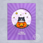 Sunny Studio Kitty in Jack-o-lantern Pumpkin Handmade Halloween Card with Purple Sunburst using Scaredy Cat 2x3 Clear Stamps