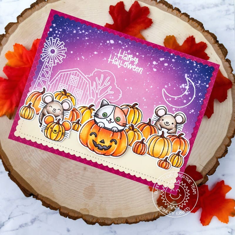 Sunny Studio Happy Halloween Mice with Kitty in Jack-o-lantern Pumpkin Autumn Fall Card using Scaredy Cat 2x3 Clear Stamps