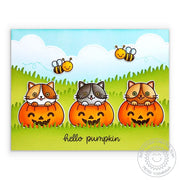 Sunny Studio Halloween Fall Kitty Cats in Jack-o-lantern Pumpkins with Bees Card using Scaredy Cat Clear Photopolymer Stamps