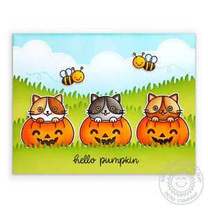 Sunny Studio Hello Pumpkin Cats & Bees with Grass & Stitched Clouds Fall Card using Slimline Nature Borders Cutting Dies