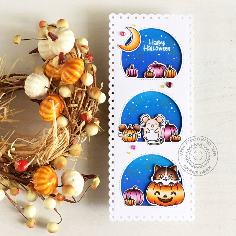 Sunny Studio Stamps Cat in Pumpkin Patch with Mice Handmade Fall Slimline Card using Stitched Semi-Circles Metal Cutting Die
