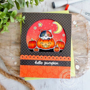 Sunny Studio Stamps Hello Pumpkin Kitty Cat Handmade Halloween Card with Black Diagonal Grid Print (using Classic Sunburst 6x6 Patterned Paper Pad)