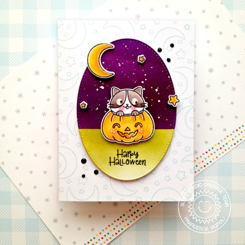 Sunny Studio Stamps Kitty Cat in Pumpkin with Moon & Stars Handmade Halloween Card (using Stitched Ovals Metal Cutting Dies)