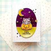Sunny Studio Cat in Pumpkin with Purple Sky Handmade Halloween Card (using Scaredy Cat 2x3 Clear Stamps)