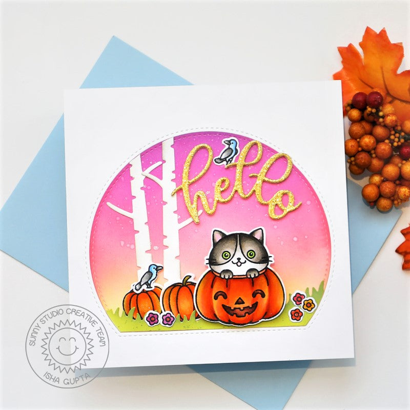 Sunny Studio Stamps Hello Fall Kitty Cat In Pumpkin Card using Stitched Semi-Circle Metal Cutting Die to create window frame