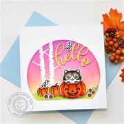 Sunny Studio Hello Kitty in Jack-o-lantern Pumpkin, Birch Trees & Pink Sky Autumn Fall Card using Scaredy Cat Clear Stamps