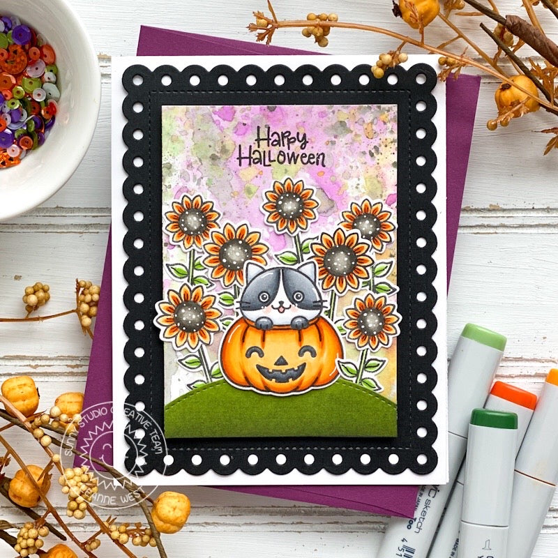 Sunny Studio Happy Halloween Cat in Jack-o-lantern Pumpkin with Sunflowers Autumn Fall Card using Happy Harvest Clear Stamps