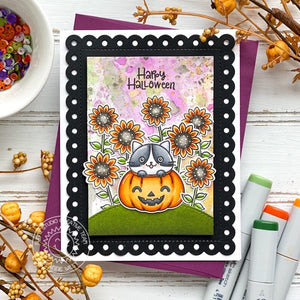 Sunny Studio Stamps Kitty Cat in Jack-o-lantern Pumpkin with Sunflowers Halloween Handmade Card (using Frilly Frames Polka-dot Scalloped Metal Cutting Dies)