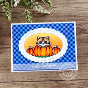 Sunny Studio Blue Gingham with Scalloped Oval Frame Kitty in Pumpkin Autumn Fall Card using Scaredy Cat 2x3 Clear Stamps