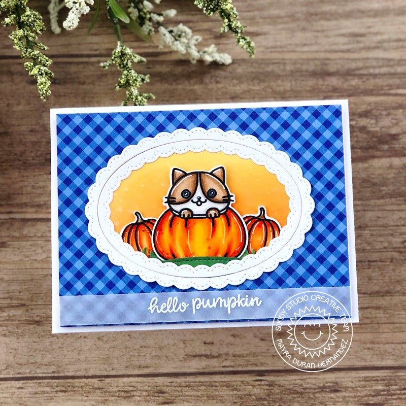 Sunny Studio Stamps Blue Gingham Hello Pumpkin Kitty Cat Handmade Fall Themed Card with Stitched Scalloped Edge (using Fancy Frames Ovals Metal Cutting Dies)