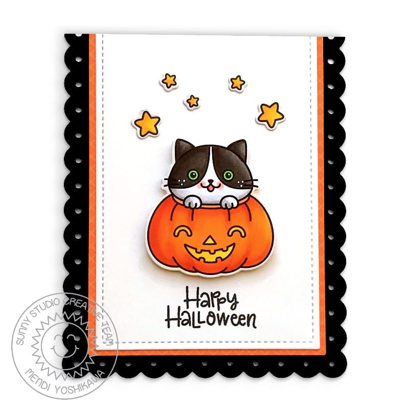 Sunny Studio Halloween Fall Kitty Cat in Pumpkin Black & Orange Scalloped Card using Scaredy Cat Clear Photopolymer Stamps