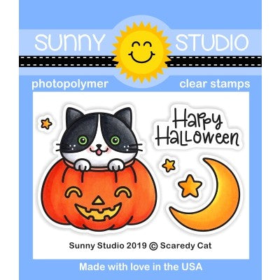 Sunny Studio Stamps Scaredy Cat Happy Halloween Cat in Pumpkin with Moon and Stars Mini 2x3 Clear Photopolymer Stamp Set