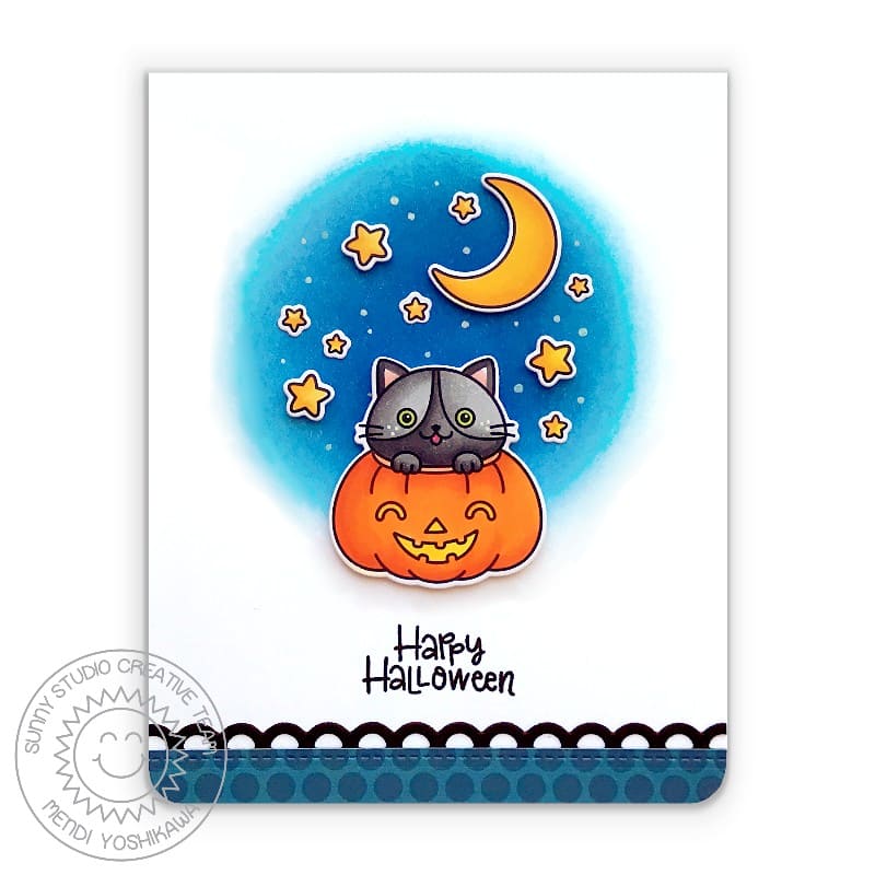 Sunny Studio Cat in Pumpkin with Moon & Stars Halloween Card using Slimline Basic Border Stitched Scallop Metal Cutting Dies