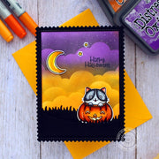 Sunny Studio Kitty in Jack-o-lantern Halloween Card with Violet & Orange Cloud Background using Scaredy Cat 2x3 Clear Stamps
