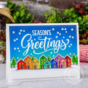 Sunny Studio Rainbow Neighborhood Houses Holiday Christmas Card by Angelica Conrad using Season's Greetings 4x6 Clear Stamps
