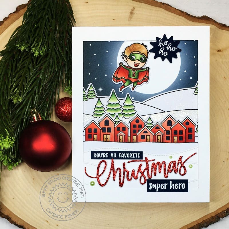 Sunny Studio Christmas Superhero Card with Houses and Full Moon (using Scenic Route Stamps)