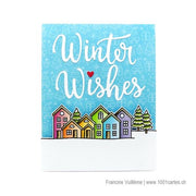 Sunny Studio Stamps Winter Wishes Rainbow Neighborhood Houses Christmas Card using word dies from Layered Snowflake Frame