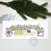 Sunny Studio Stamps Hogs & Kisses Pig Christmas Card (using Neighborhood Houses Border Stamp from Scenic Route Set)