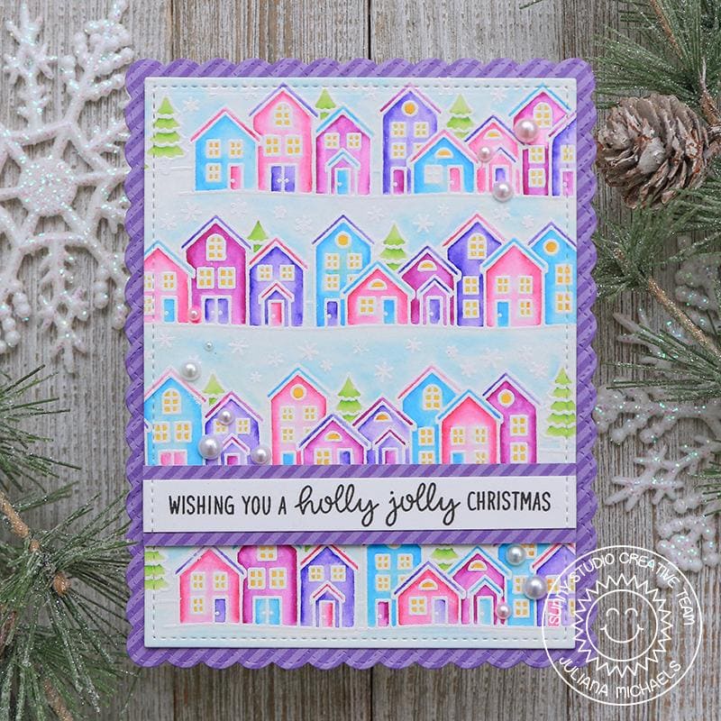 Sunny Studio Pink, Purple & Blue Snowy Winter Watercolor Houses Holiday Christmas Card using Scenic Route Clear Border Stamp