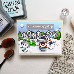 Sunny Studio Stamps Lavender, Green & Aqua Feeling Frosty Girl Building Snowman Winter Holiday Christmas Card by Laura