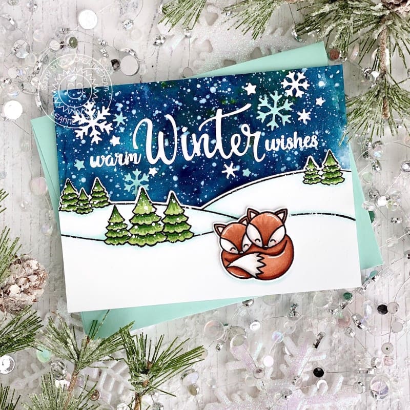 Sunny Studio Warm Winter Wishes Fox Mom & Baby Holiday Card with Fir Trees & Snowy Hills (using Scenic Route Clear Stamps)