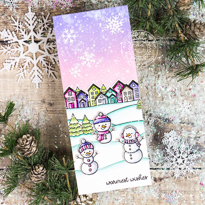 Sunny Studio Stamps Pink & Lavender Winter Snowman Slimline Holiday Christmas Card (using Feeling Frosty 4x6 Clear Stamps)