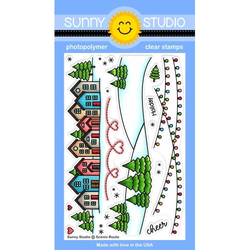 Sunny Studio Scenic Route Winter Holiday Homes, Hanging Lights & Snowy Hills with Trees Border 4x6 Clear Photopolymer Stamps