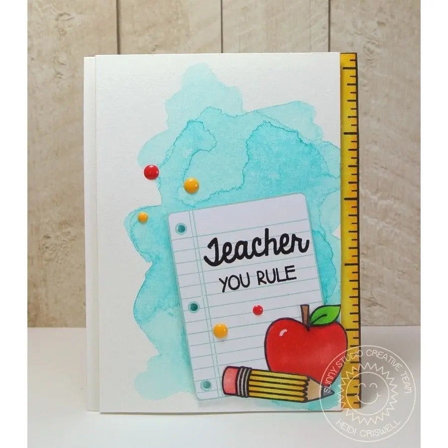 Sunny Studio You Rule Teacher Apple With Pencil and Notebook Paper Card (using School Time 4x6 Clear Stamps)