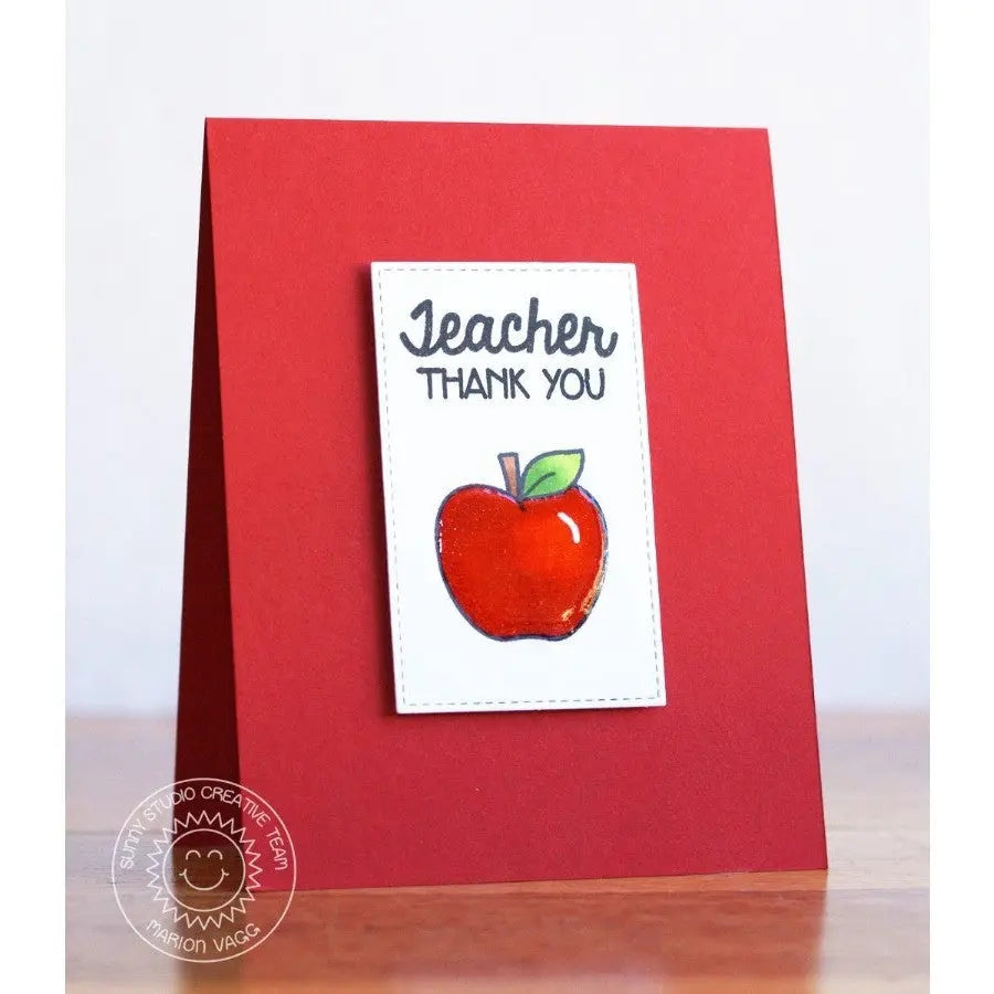 Sunny Studio Stamps Thank You Teacher Shiny Red Apple Clean & Simple Handmade Card (using School Time 4x6 Clear Photopolymer Stamp Set)
