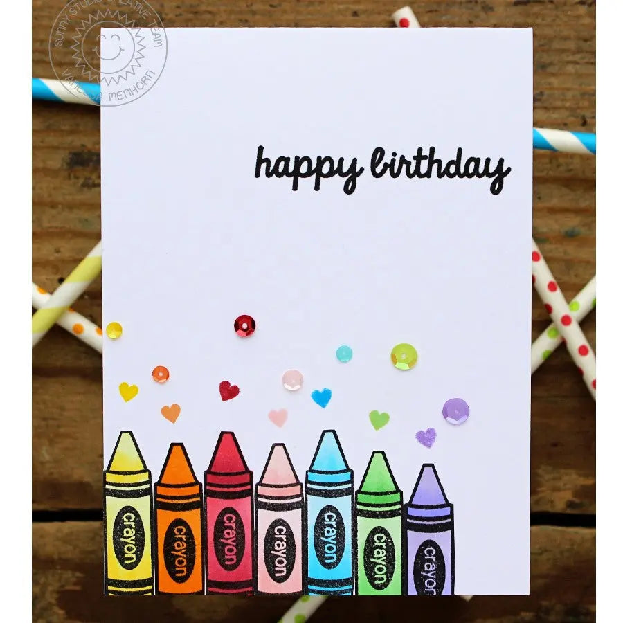 Sunny Studio Stamps Happy Birthday Rainbow Crayons Clean & Simple Handmade Card (using School Time 4x6 Clear Photopolymer Stamp Set)