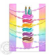 Sunny Studio 18th Birthday Stacked Cupcake & Streamers Rainbow Pastel Card using Scrumptious Birthday Clear Layering Stamps