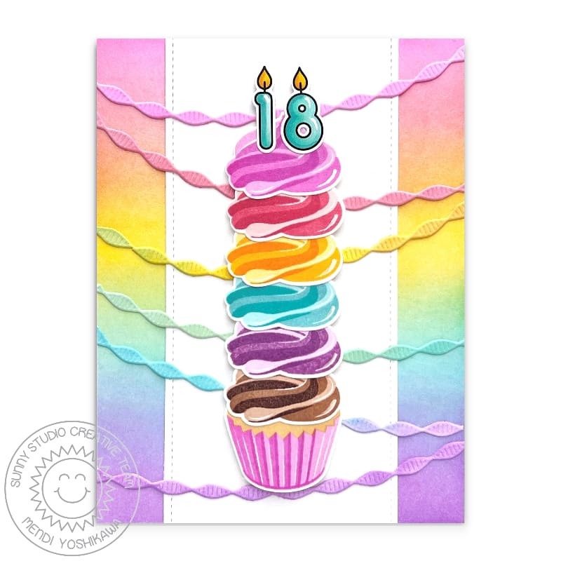 Sunny Studio 18th Birthday Stacked Cupcake & Streamers Rainbow Pastel Card using Scrumptious Birthday Clear Layering Stamps