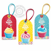 Sunny Studio Rainbow Polka-dot Cupcake Birthday Gift Tags (using Scrumptious Cupcakes 4x6 Clear Layering Stamps)