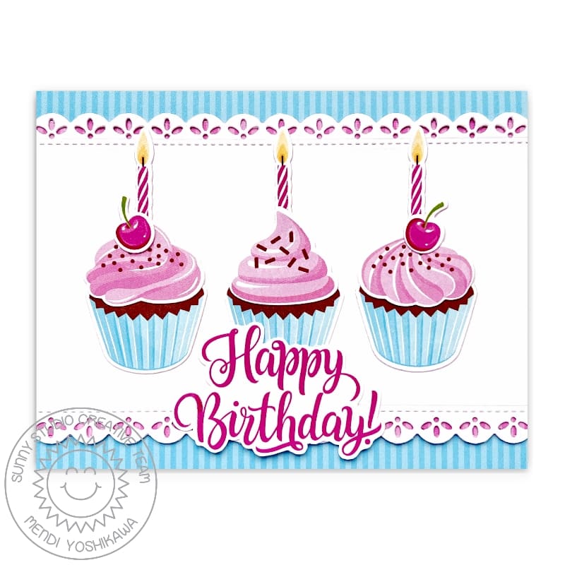 Sunny Studio Pink & Pale Blue Cupcakes Scalloped Birthday Card (using Scrumptious Cupcakes 4x6 Clear Layering Stamps)