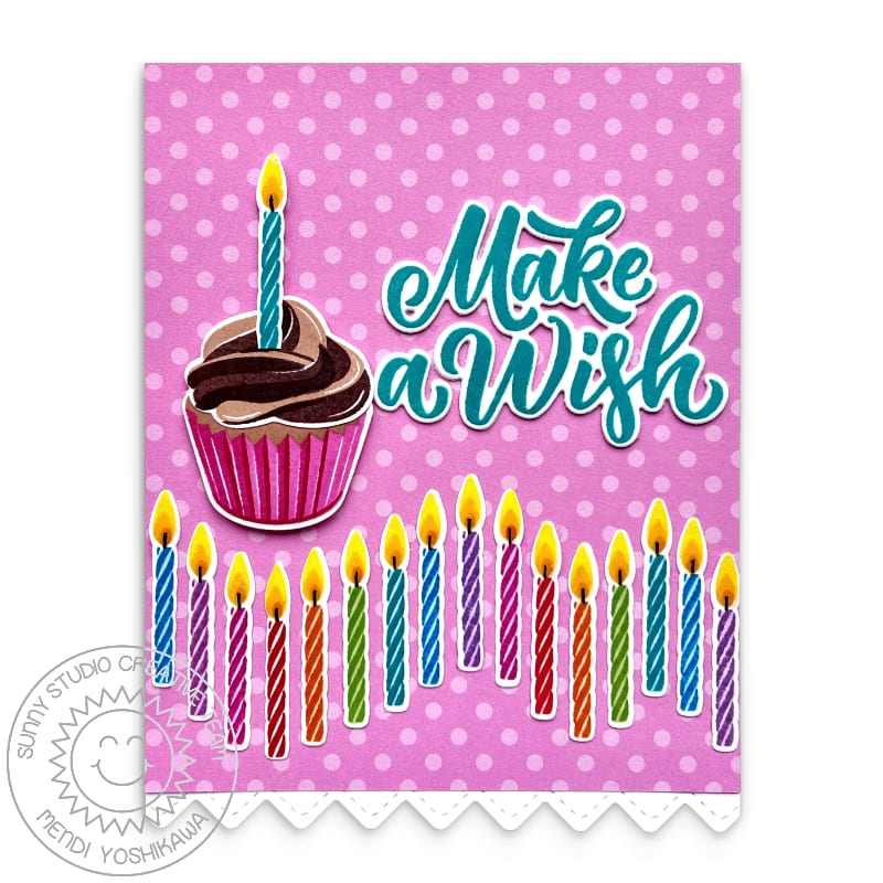 Sunny Studio Pink Polka-dot Cupcake & Birthday Candles Card (using Scrumptious Cupcakes 4x6 Clear Layering Stamps)