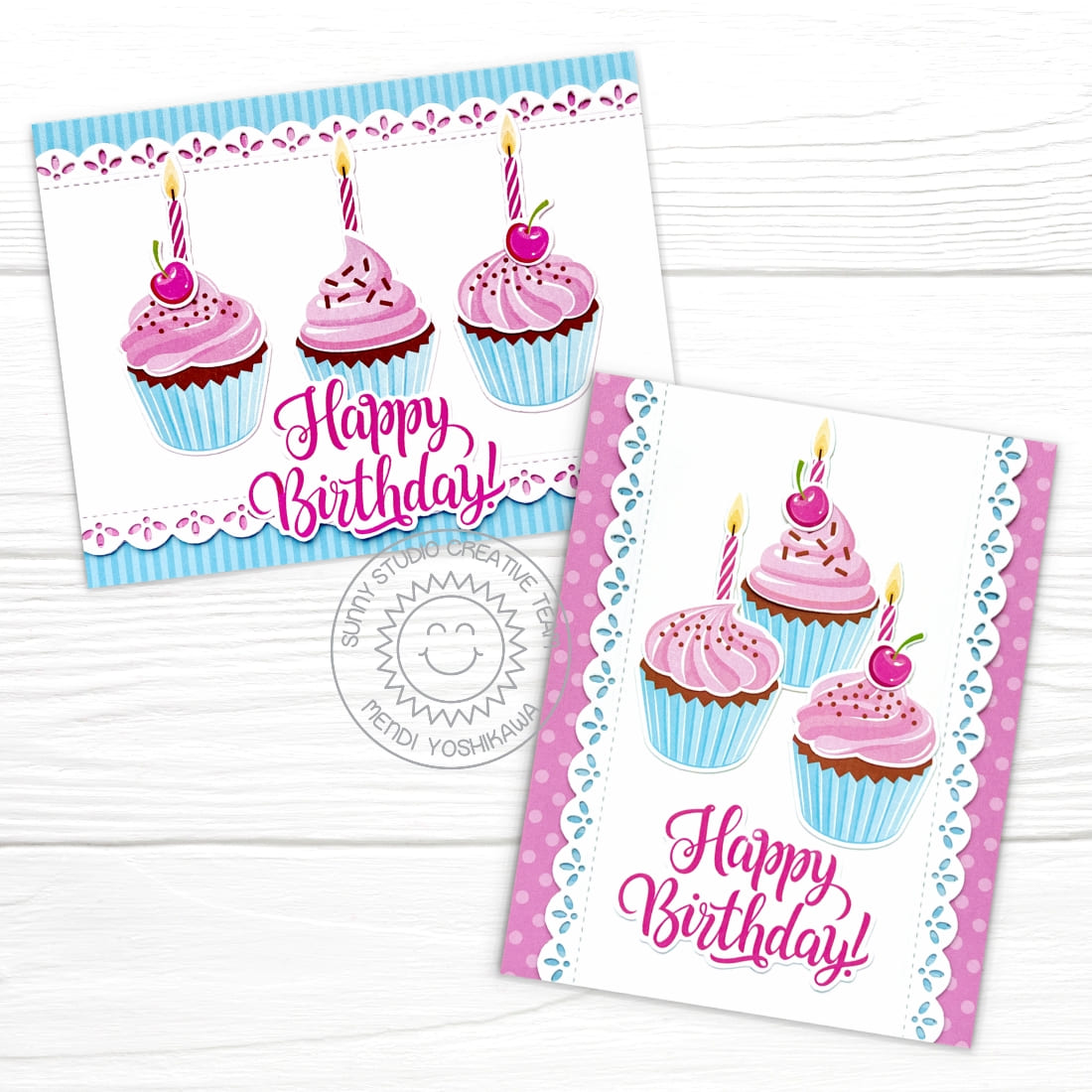 Sunny Studio Stamps Pink & Pale Blue Cupcakes Scalloped Birthday Card (using Ribbon & Lace Border Metal Cutting Dies)