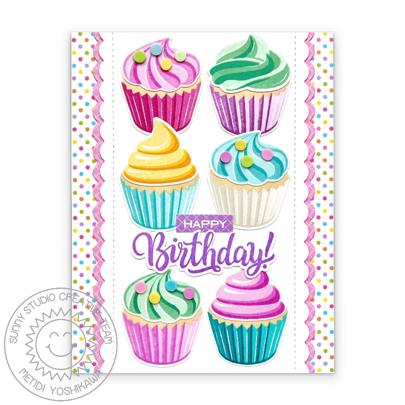 Sunny Studio Stamps Pastel Polka-dot Scalloped Cupcake Birthday Card (using Birthday Cake Dot Sprinkles Embellishments)
