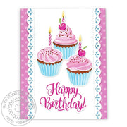 Sunny Studio Pink & Pale Blue Cupcakes Scalloped Birthday Card (using Scrumptious Cupcakes 4x6 Clear Layering Stamps)