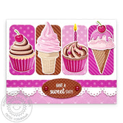 Sunny Studio Stamps Chocolate Cupcakes & Pink Ice Cream Cones Sweet Birthday Card (using Stitched Oval 2 Metal Cutting Dies)