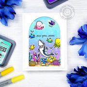 Sunny Studio Shark with Octopus & Fish Ocean-Themed Punny Handmade Card using Sea You Soon 2x3 Clear Photopolymer Stamps