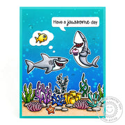 Sunny Studio Shark with Thought Bubble Dreaming about Fish Coral Ocean-Themed Card using Sea You Soon Mini 2x3 Clear Stamps
