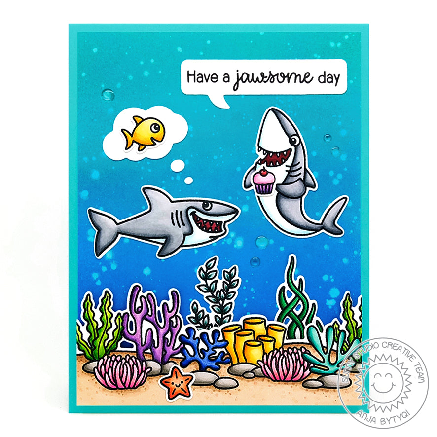 Sunny Studio Shark with Thought Bubble Dreaming about Fish Coral Ocean-Themed Card using Sea You Soon Mini 2x3 Clear Stamps