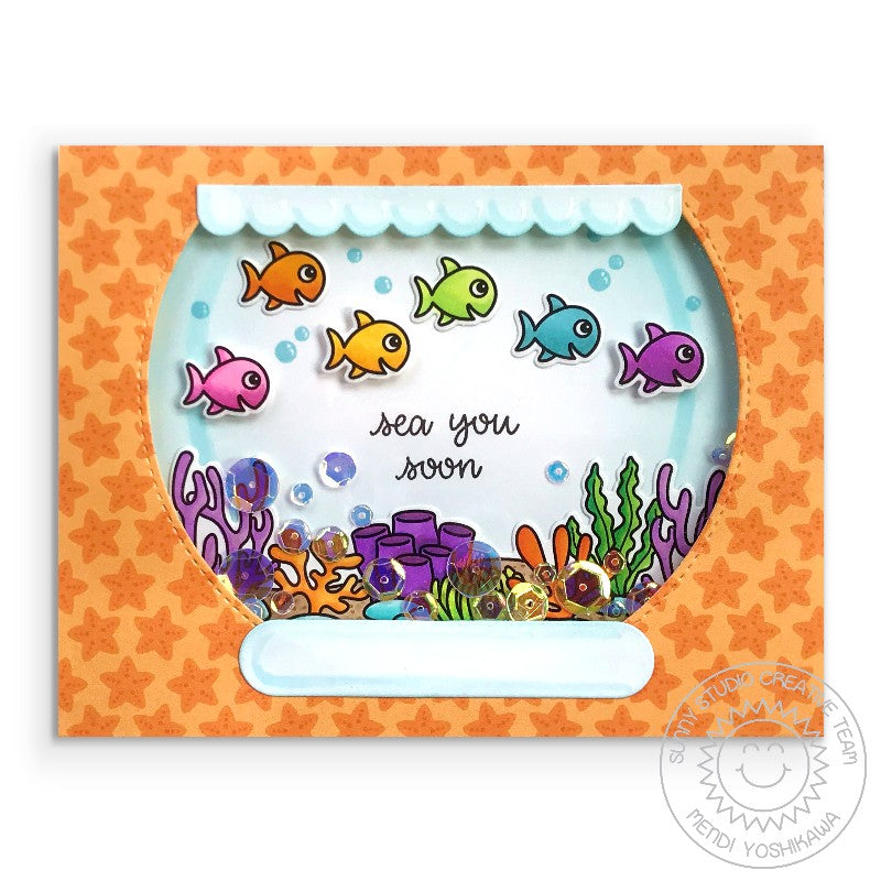Sunny Studio Rainbow Fish in Fishbowl Handmade Sequin Shaker Card using Tropical Scenes 4x6 Clear Photopolymer Ocean Stamps