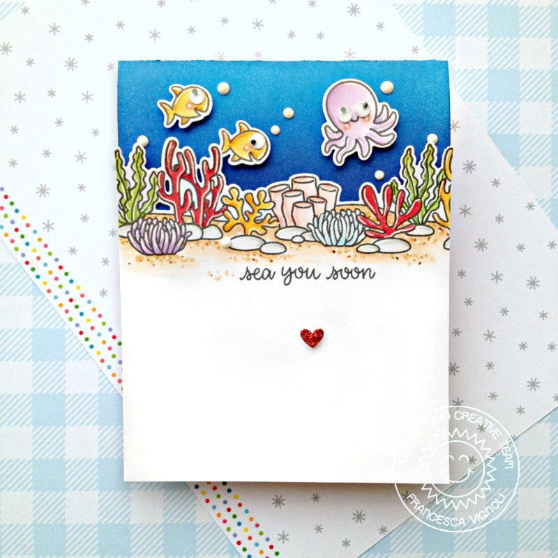 Sunny Studio Octopus with Fish and Ocean Floor Border Handmade Card using Tropical Scenes 4x6 Clear Photopolymer Stamps
