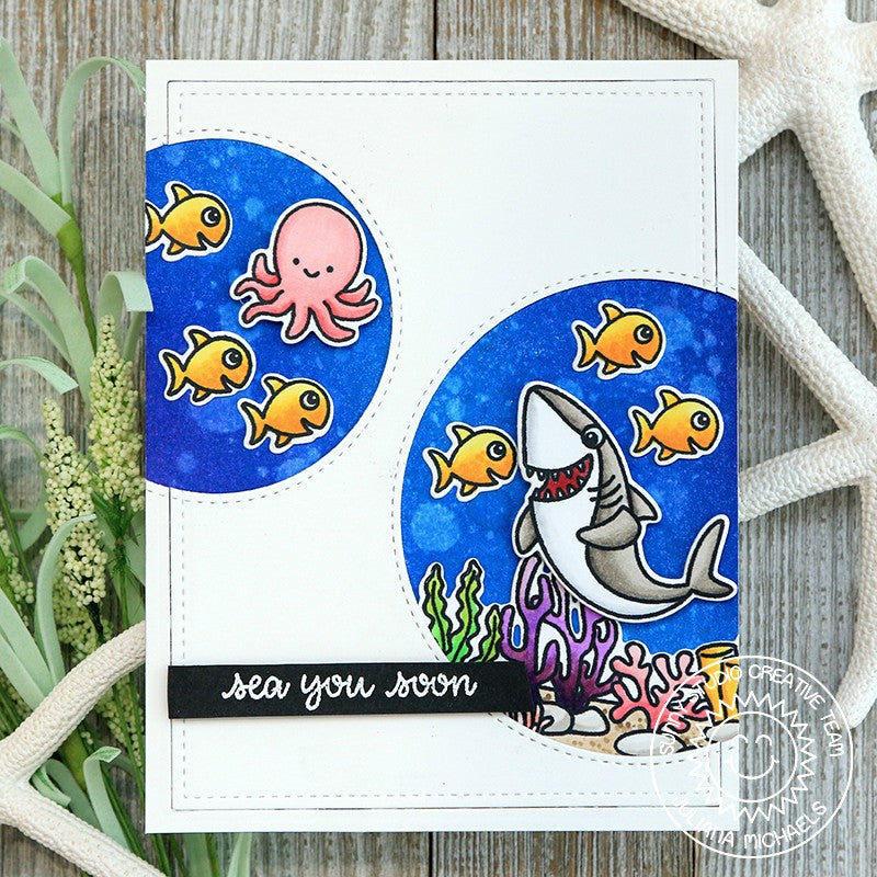 Sunny Studio Stamps Shark, Fish & Octopus Ocean-Themed Card with Stitched Circles using Sea You Soon Mini 2x3 Clear Stamps