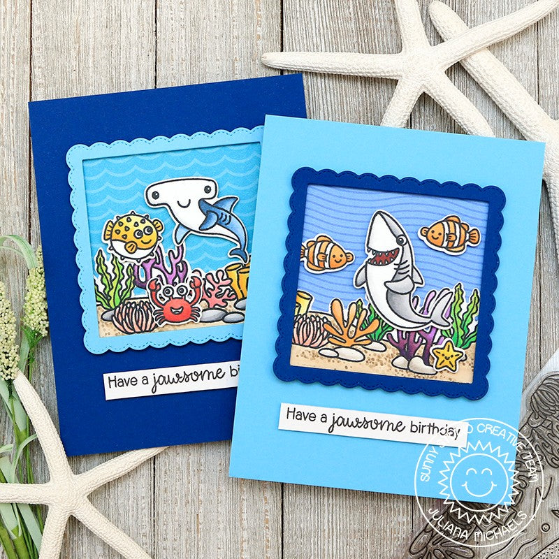 Sunny Studio Shark, Fish & Octopus Ocean-Themed Birthday Puns Card with Coral Border using Sea You Soon Mini Clear Stamps