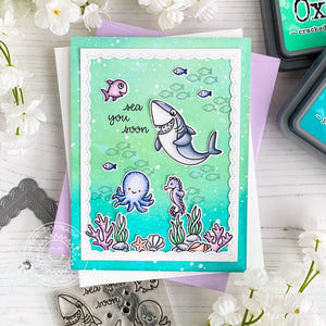 Sunny Studio Shark, Octopus & Seahorse Aqua Ocean Themed Handmade Card using Sea You Soon 2x3 Clear Photopolymer Stamps